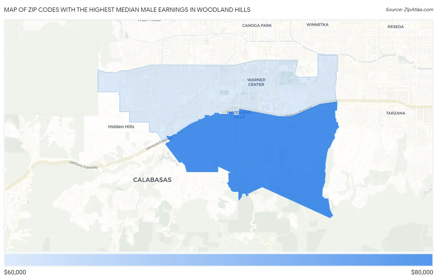 Zip Codes with the Highest Median Male Earnings in Woodland Hills Map