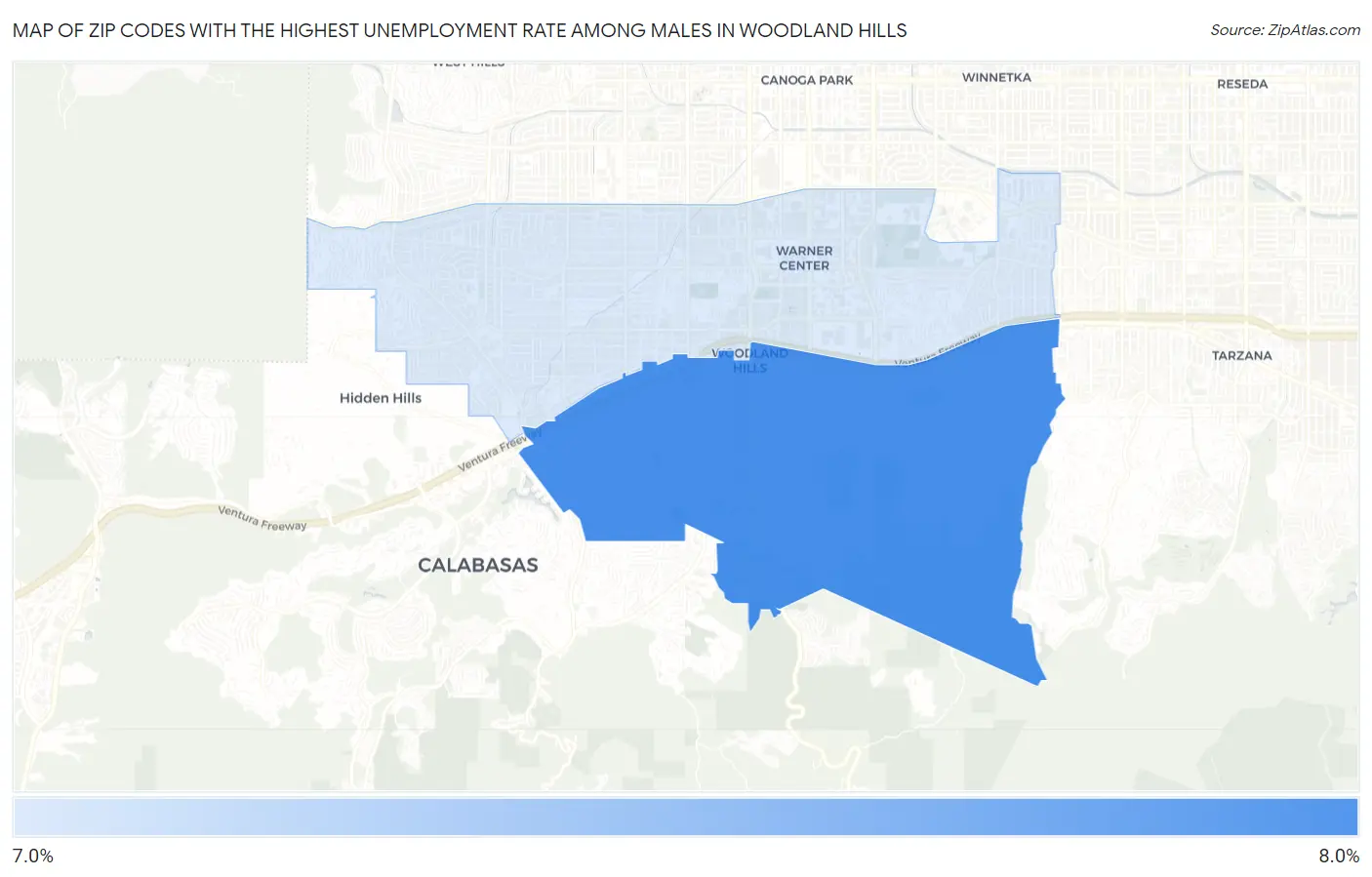 Zip Codes with the Highest Unemployment Rate Among Males in Woodland Hills Map