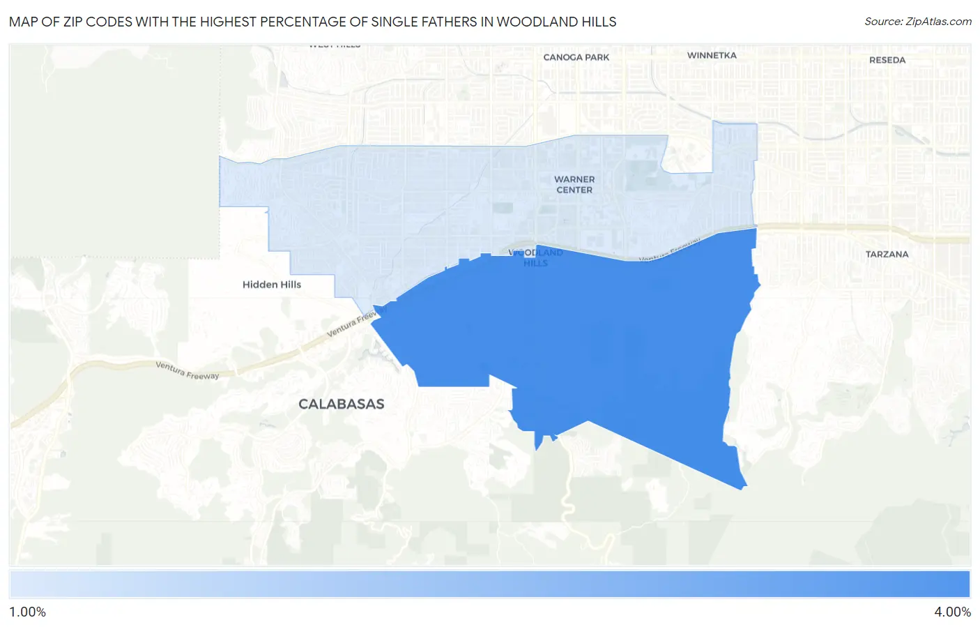 Zip Codes with the Highest Percentage of Single Fathers in Woodland Hills Map