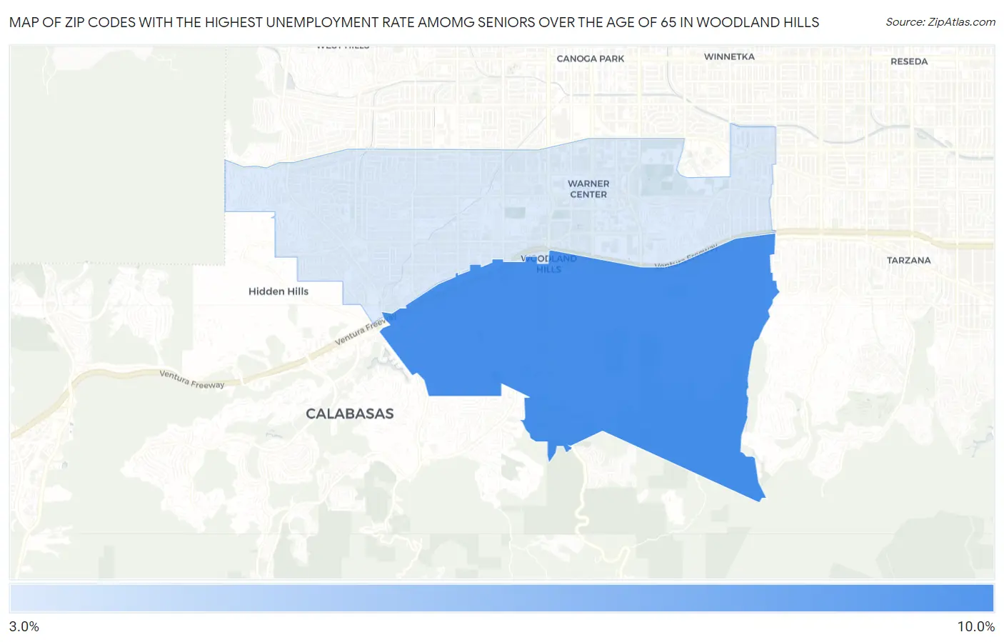 Zip Codes with the Highest Unemployment Rate Amomg Seniors Over the Age of 65 in Woodland Hills Map