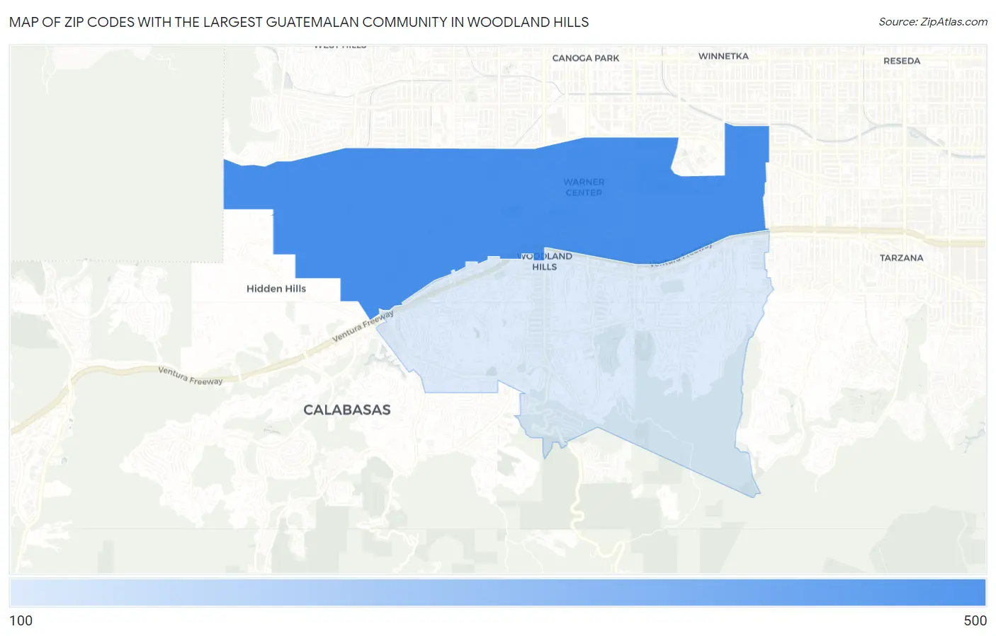 Zip Codes with the Largest Guatemalan Community in Woodland Hills Map