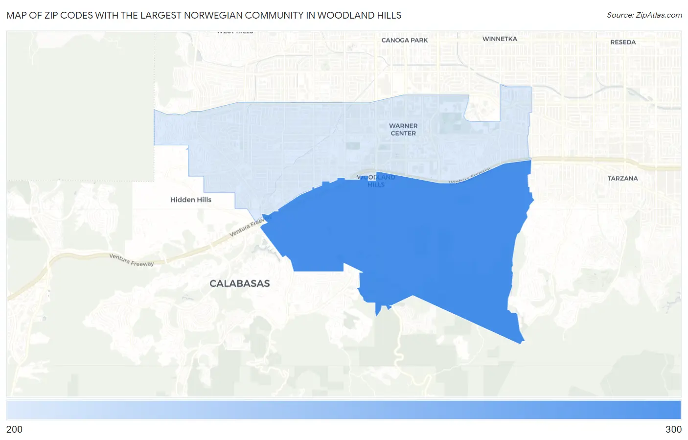 Zip Codes with the Largest Norwegian Community in Woodland Hills Map