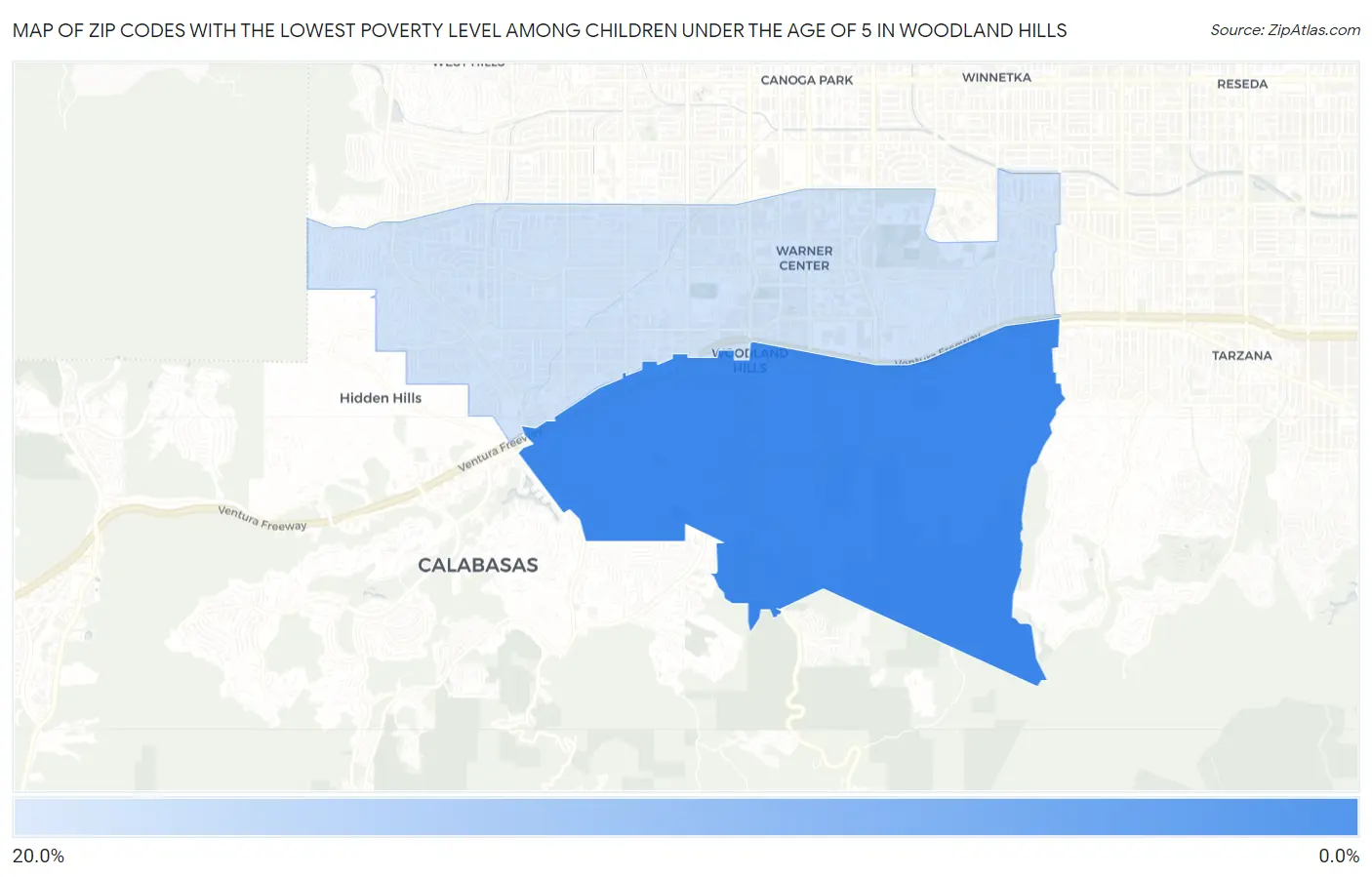 Zip Codes with the Lowest Poverty Level Among Children Under the Age of 5 in Woodland Hills Map