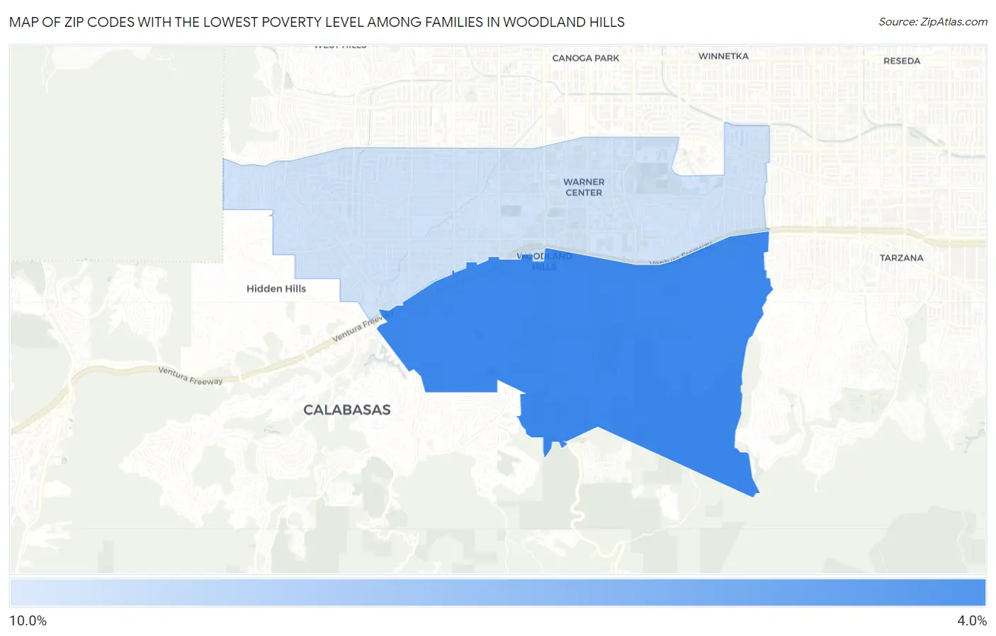 Zip Codes with the Lowest Poverty Level Among Families in Woodland Hills Map