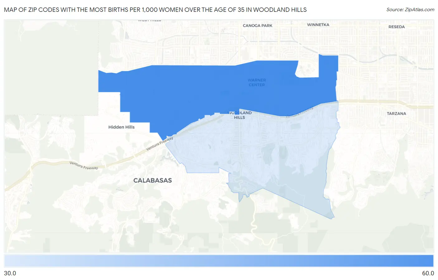 Zip Codes with the Most Births per 1,000 Women Over the Age of 35 in Woodland Hills Map
