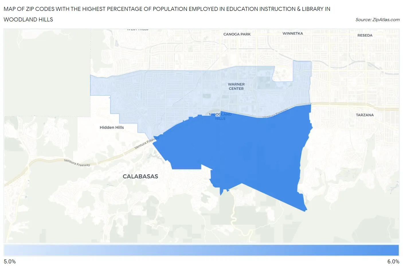 Zip Codes with the Highest Percentage of Population Employed in Education Instruction & Library in Woodland Hills Map