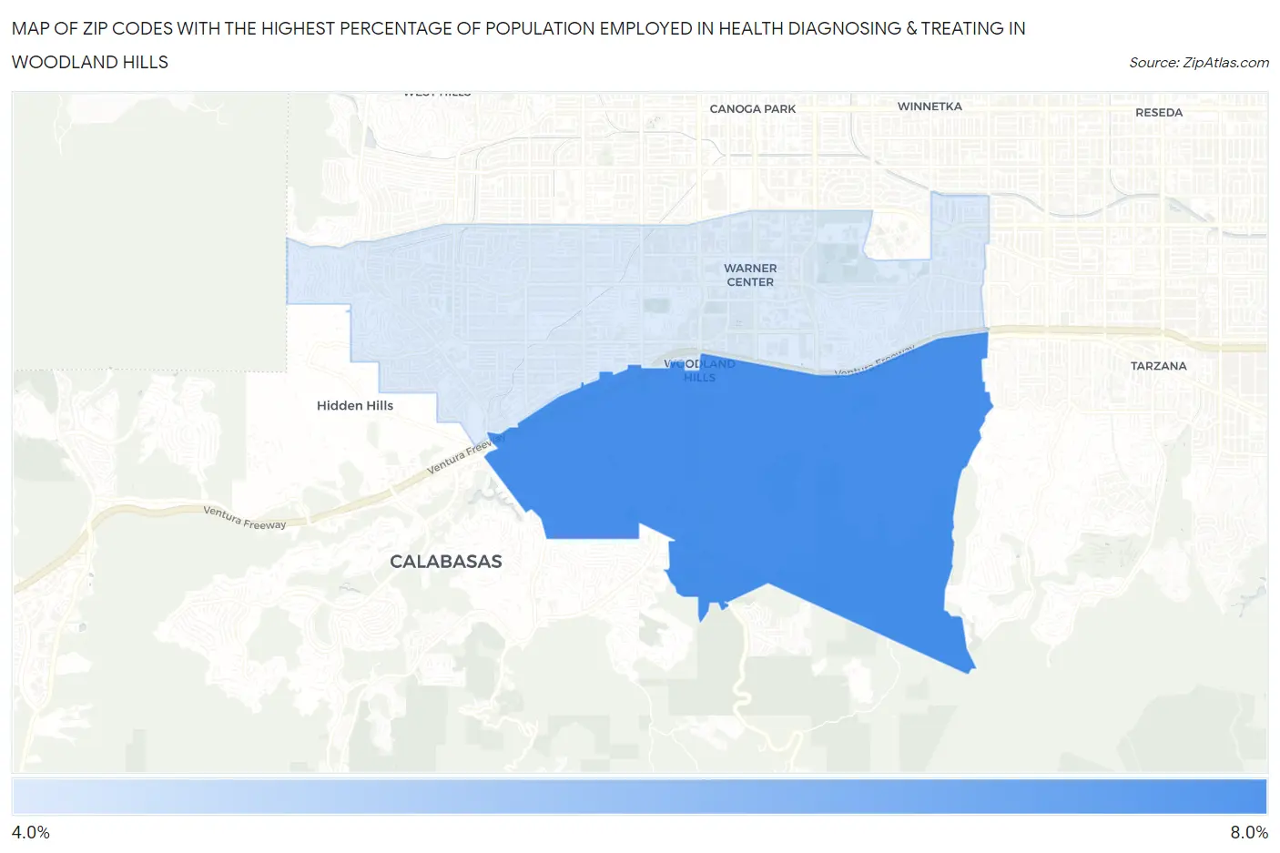 Zip Codes with the Highest Percentage of Population Employed in Health Diagnosing & Treating in Woodland Hills Map