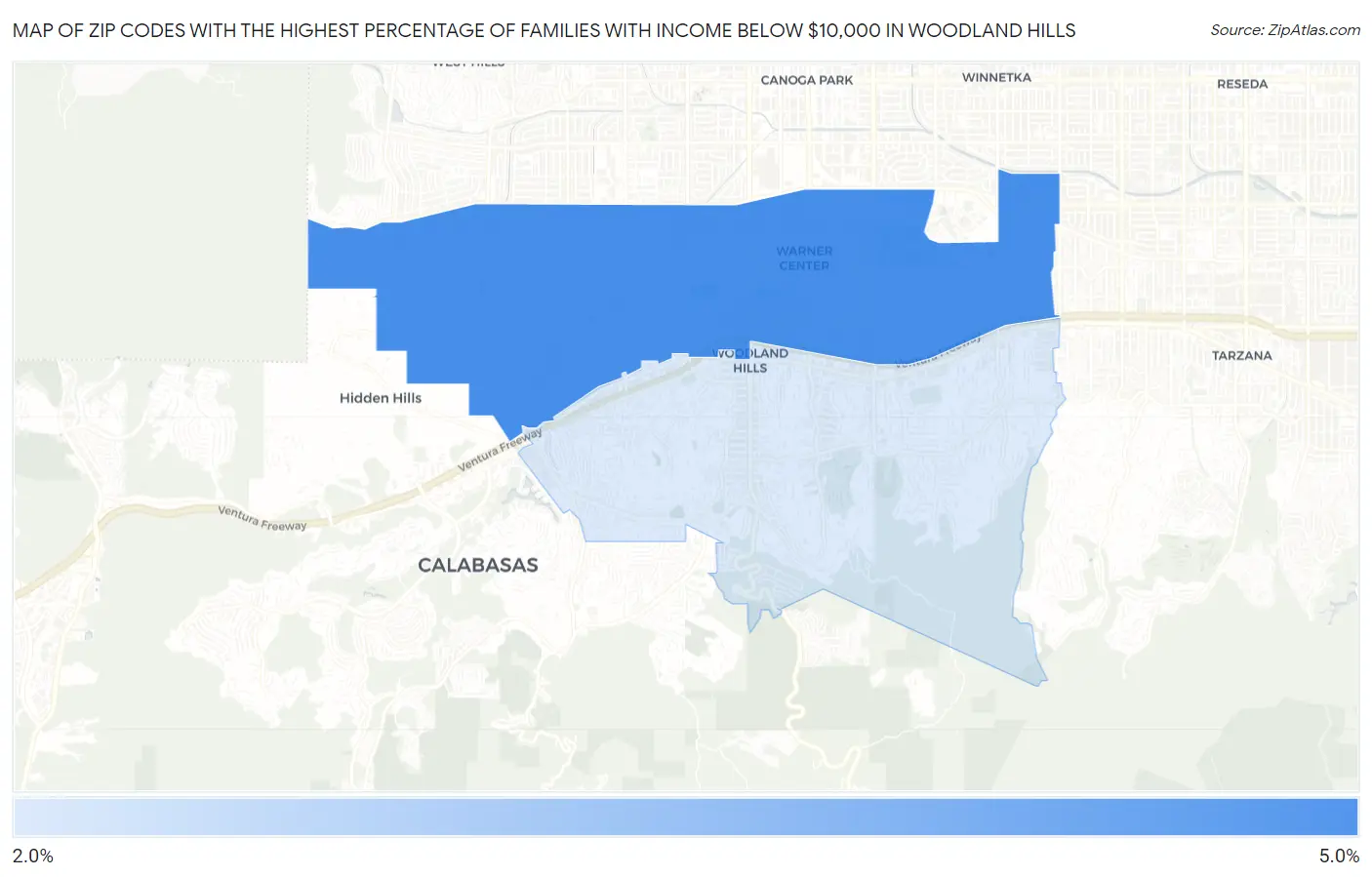Zip Codes with the Highest Percentage of Families with Income Below $10,000 in Woodland Hills Map
