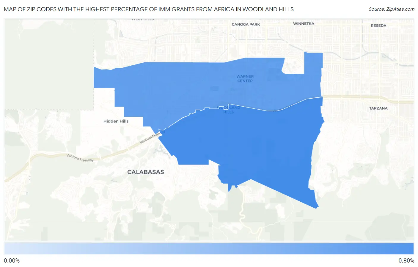 Zip Codes with the Highest Percentage of Immigrants from Africa in Woodland Hills Map
