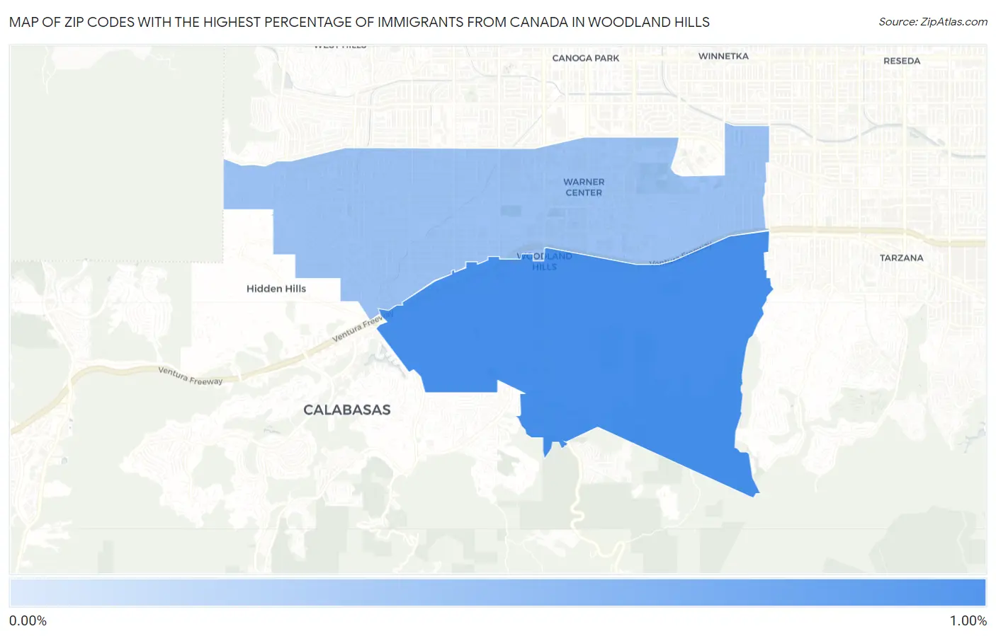 Zip Codes with the Highest Percentage of Immigrants from Canada in Woodland Hills Map