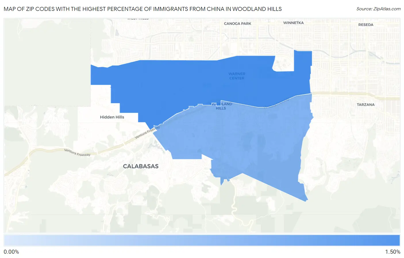 Zip Codes with the Highest Percentage of Immigrants from China in Woodland Hills Map