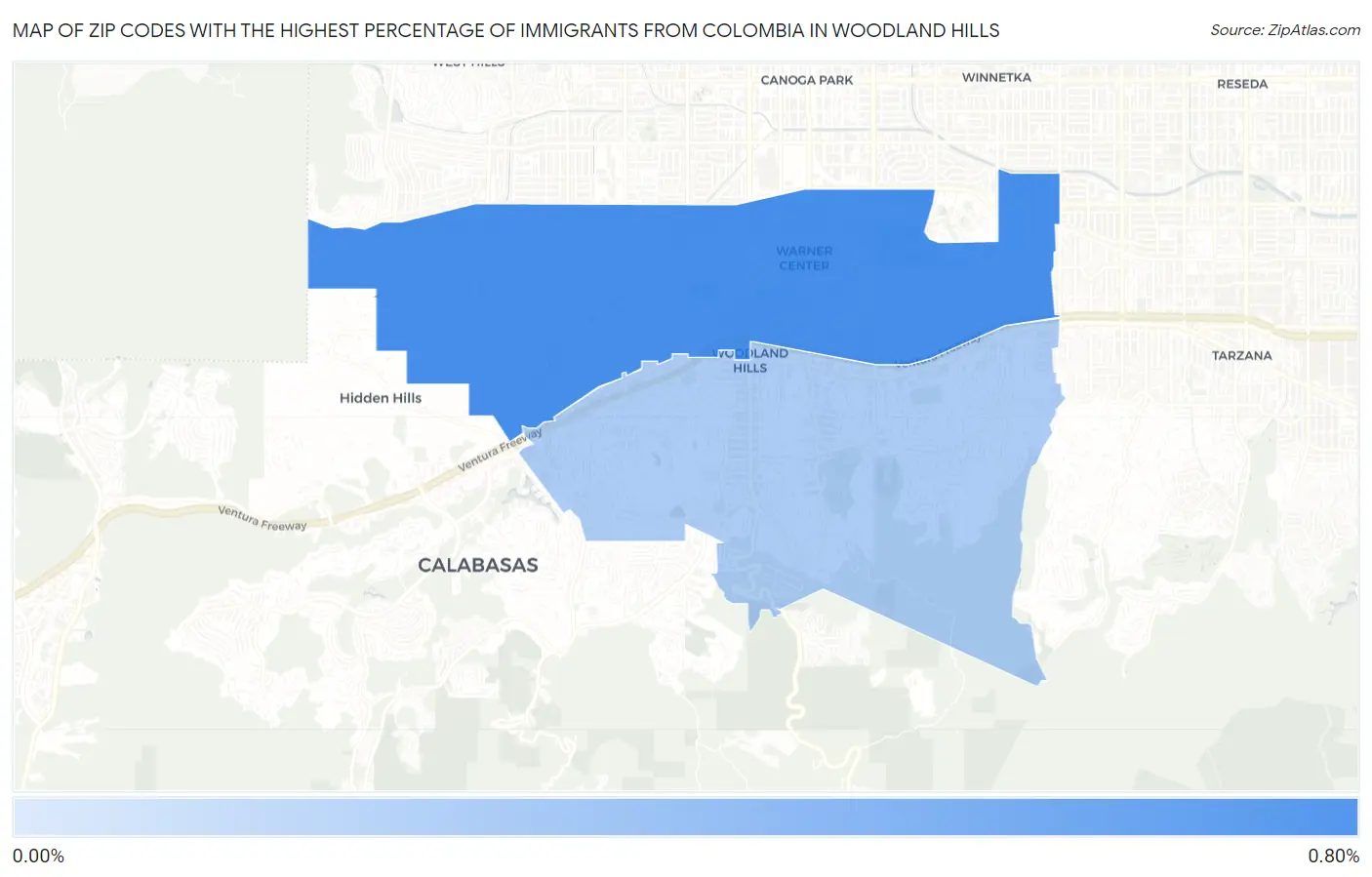 Zip Codes with the Highest Percentage of Immigrants from Colombia in Woodland Hills Map