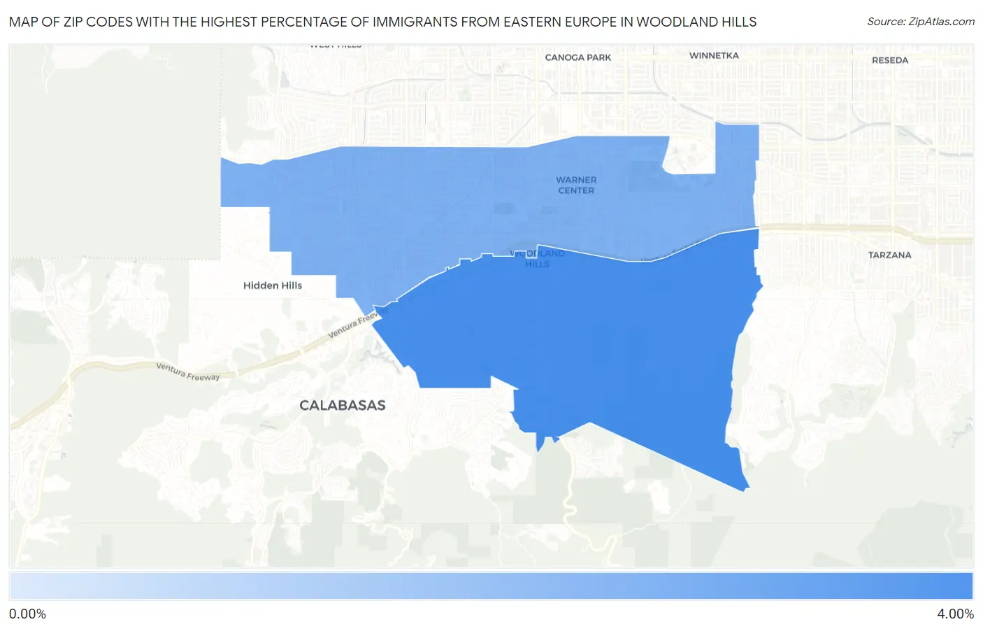 Zip Codes with the Highest Percentage of Immigrants from Eastern Europe in Woodland Hills Map