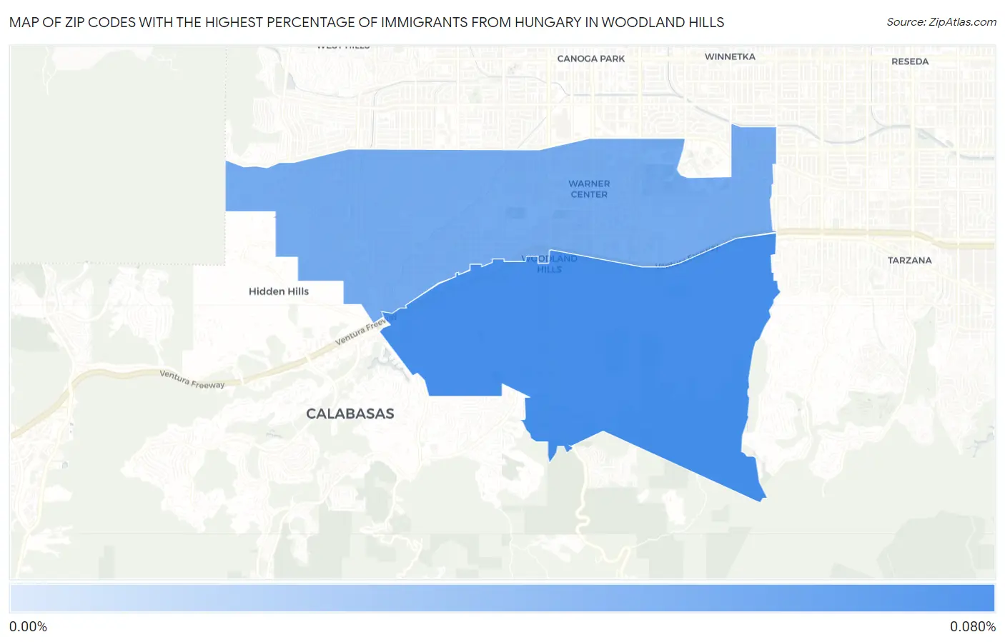 Zip Codes with the Highest Percentage of Immigrants from Hungary in Woodland Hills Map