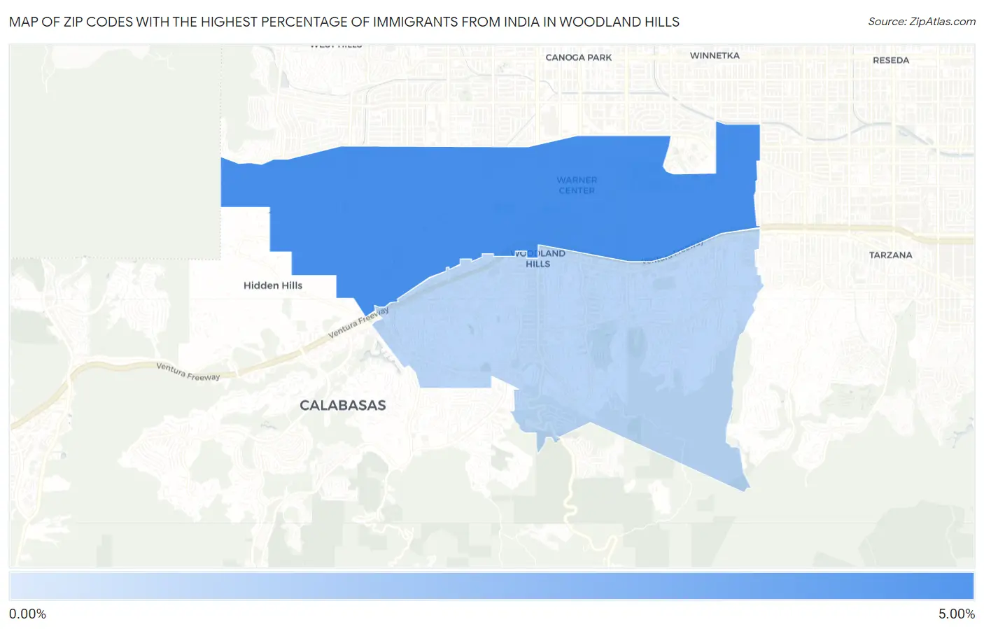 Zip Codes with the Highest Percentage of Immigrants from India in Woodland Hills Map