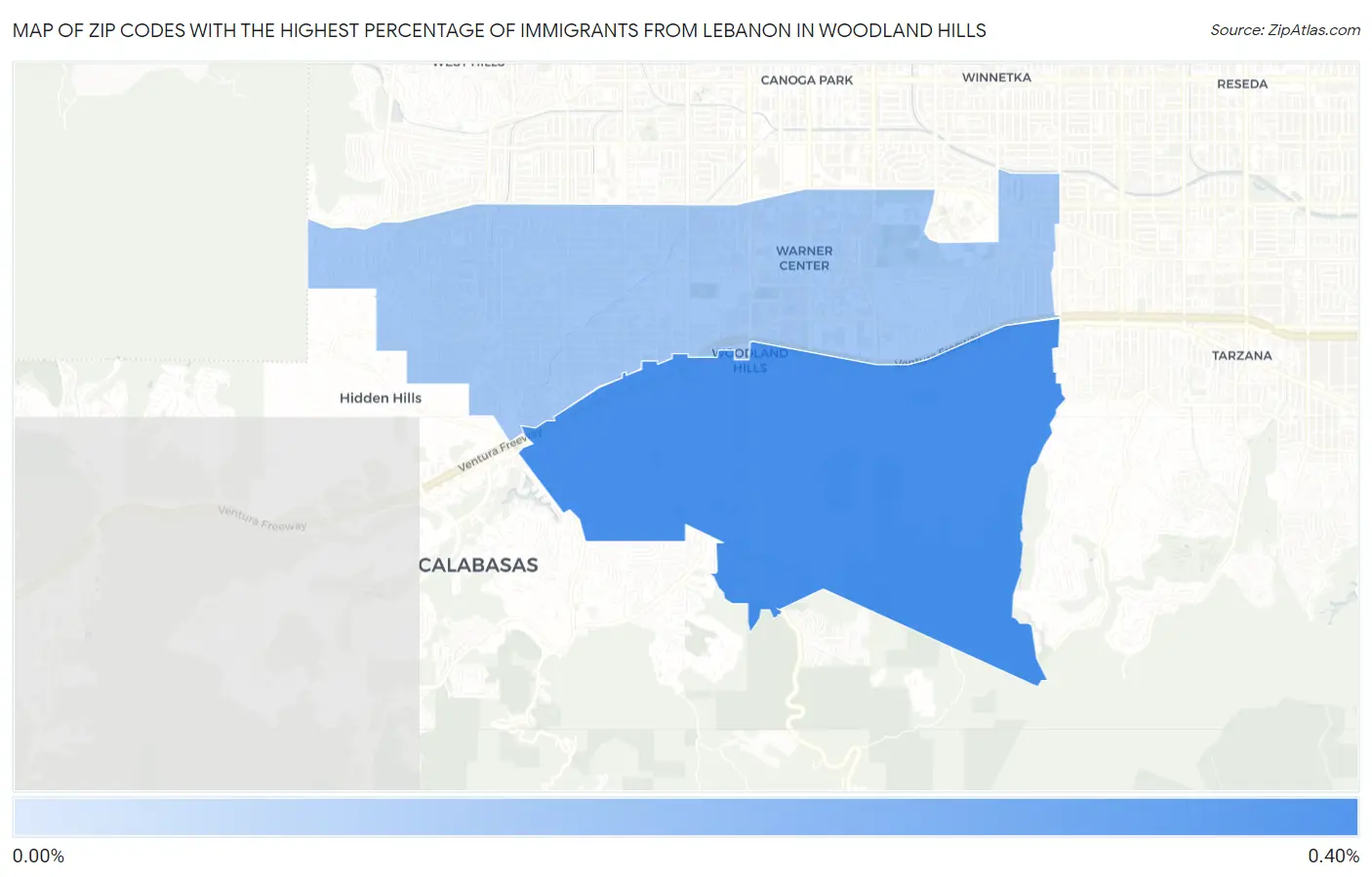 Zip Codes with the Highest Percentage of Immigrants from Lebanon in Woodland Hills Map