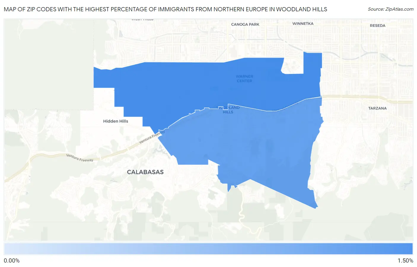 Zip Codes with the Highest Percentage of Immigrants from Northern Europe in Woodland Hills Map