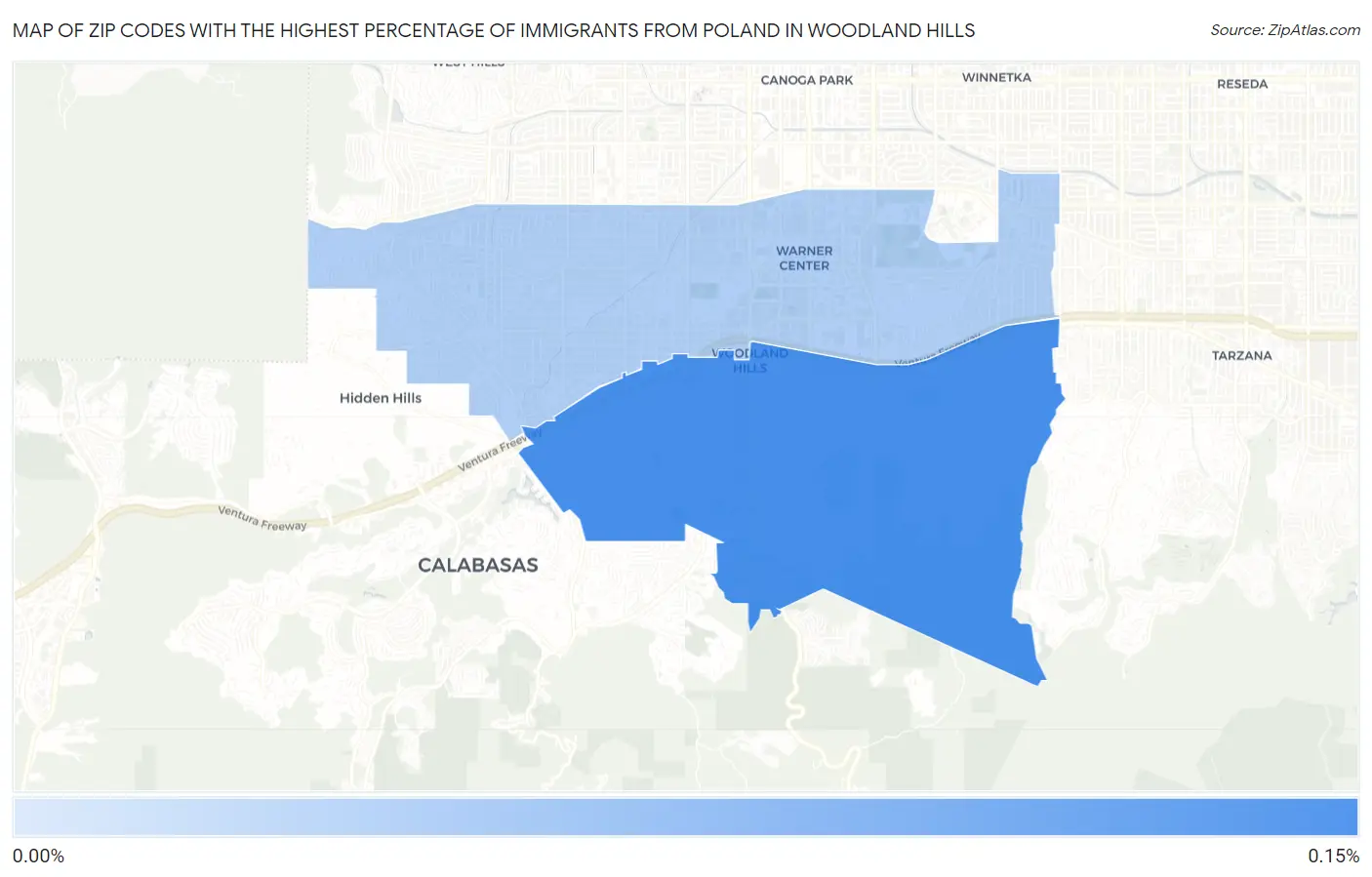 Zip Codes with the Highest Percentage of Immigrants from Poland in Woodland Hills Map