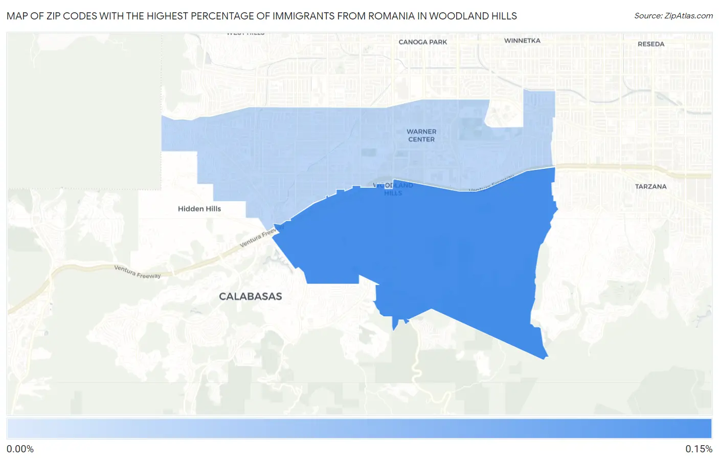 Zip Codes with the Highest Percentage of Immigrants from Romania in Woodland Hills Map