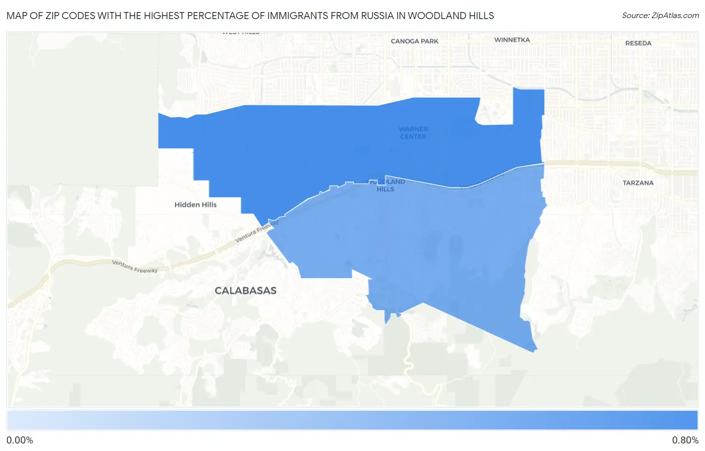 Zip Codes with the Highest Percentage of Immigrants from Russia in Woodland Hills Map