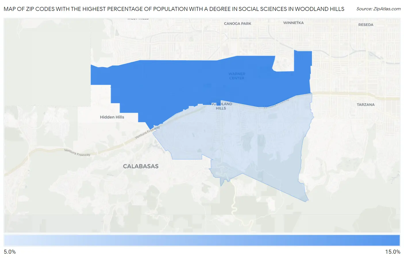 Zip Codes with the Highest Percentage of Population with a Degree in Social Sciences in Woodland Hills Map