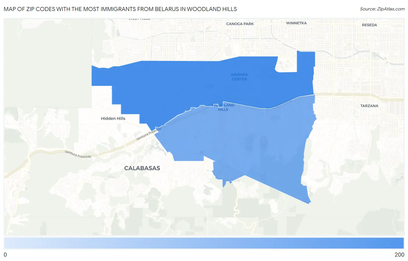 Zip Codes with the Most Immigrants from Belarus in Woodland Hills Map