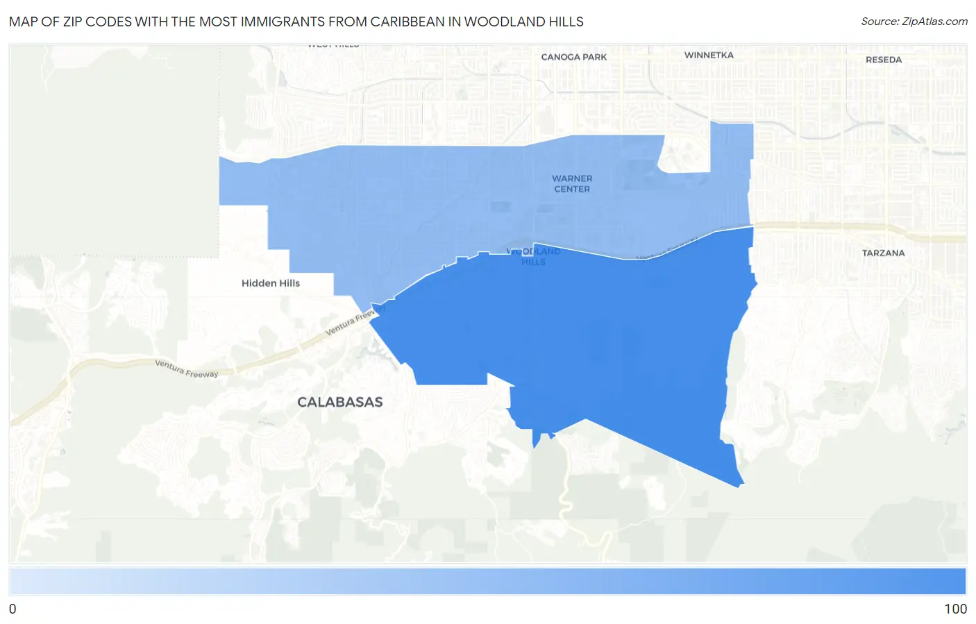 Zip Codes with the Most Immigrants from Caribbean in Woodland Hills Map