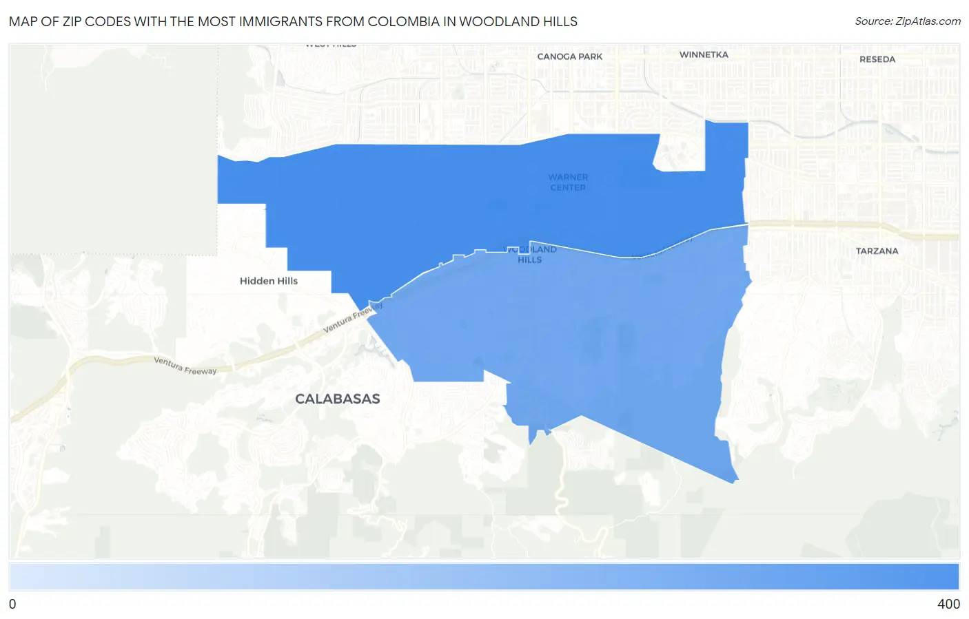 Zip Codes with the Most Immigrants from Colombia in Woodland Hills Map