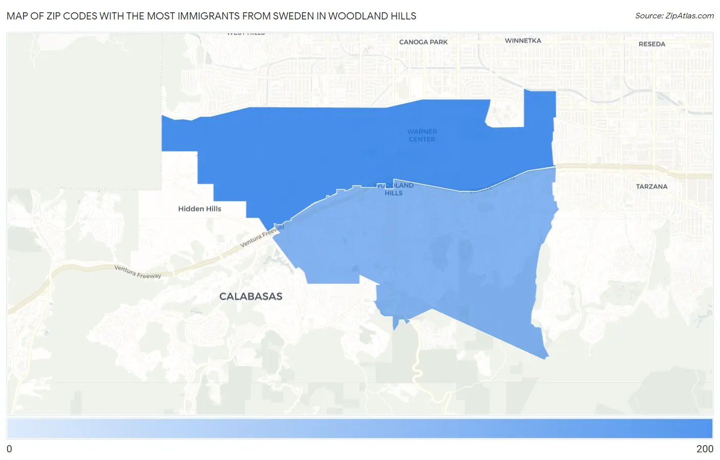 Zip Codes with the Most Immigrants from Sweden in Woodland Hills Map