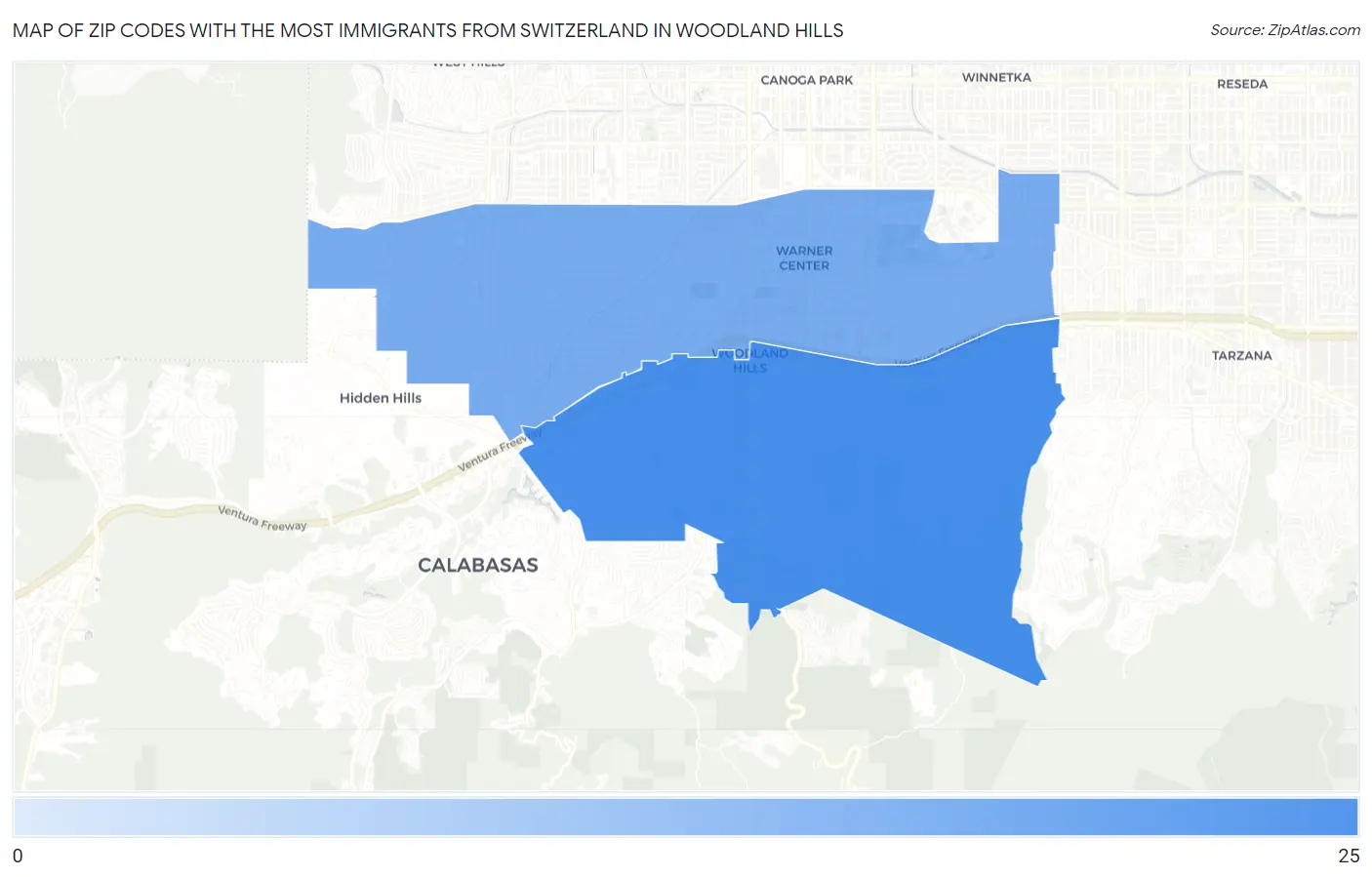 Zip Codes with the Most Immigrants from Switzerland in Woodland Hills Map