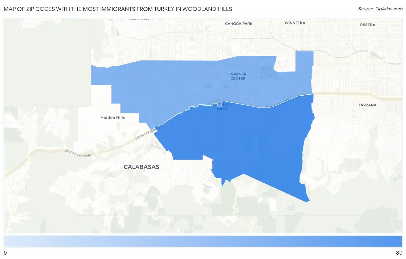Zip Codes with the Most Immigrants from Turkey in Woodland Hills Map