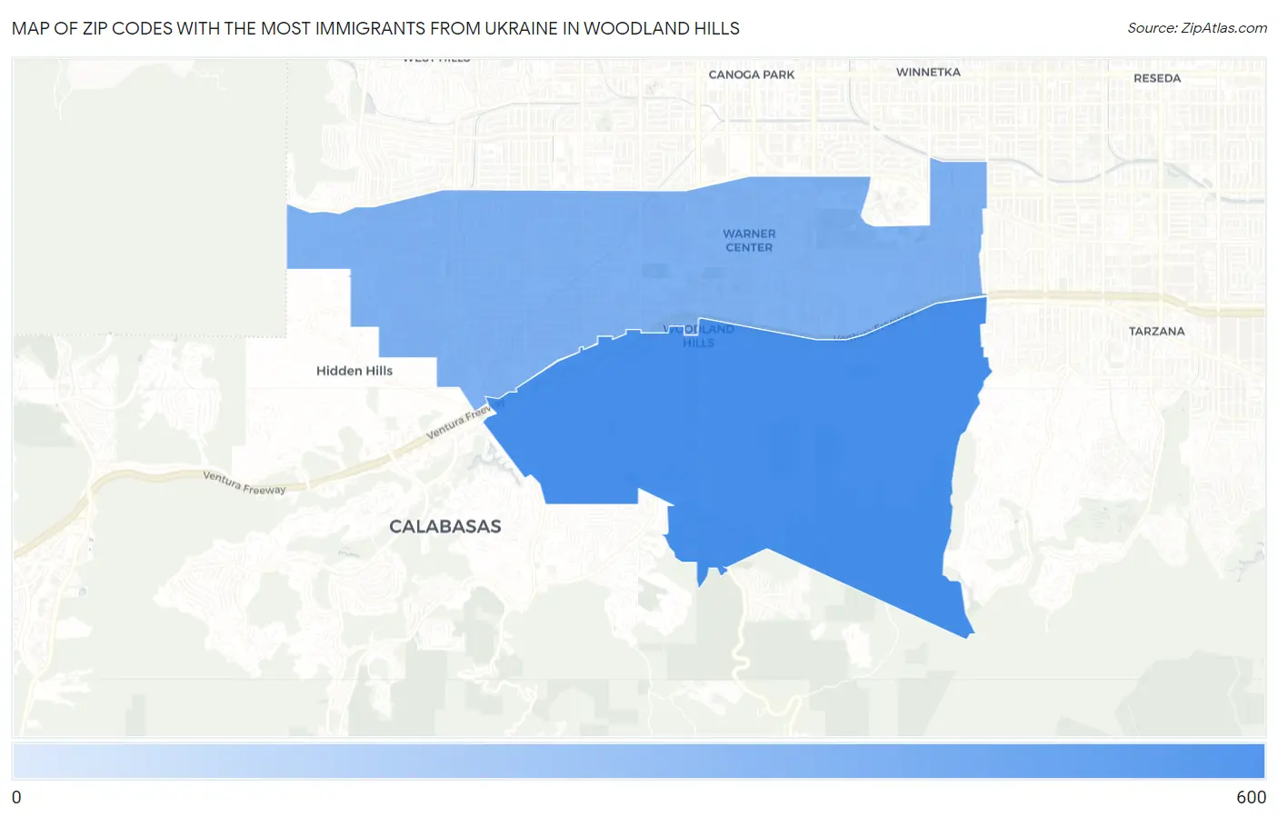 Zip Codes with the Most Immigrants from Ukraine in Woodland Hills Map