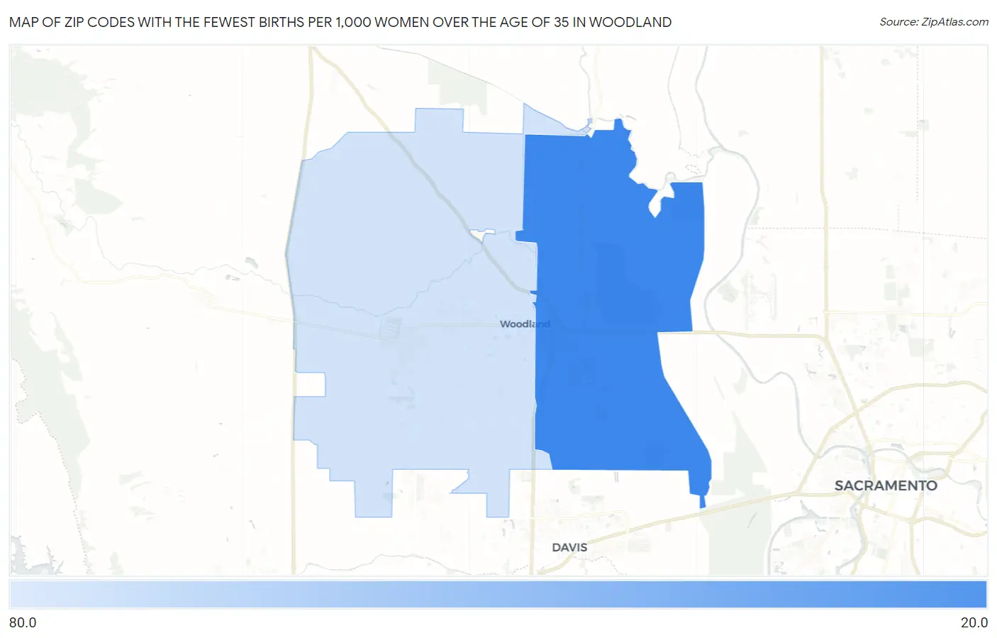 Zip Codes with the Fewest Births per 1,000 Women Over the Age of 35 in Woodland Map