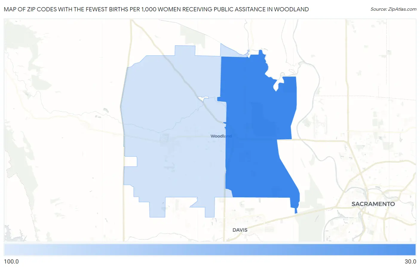Zip Codes with the Fewest Births per 1,000 Women Receiving Public Assitance in Woodland Map