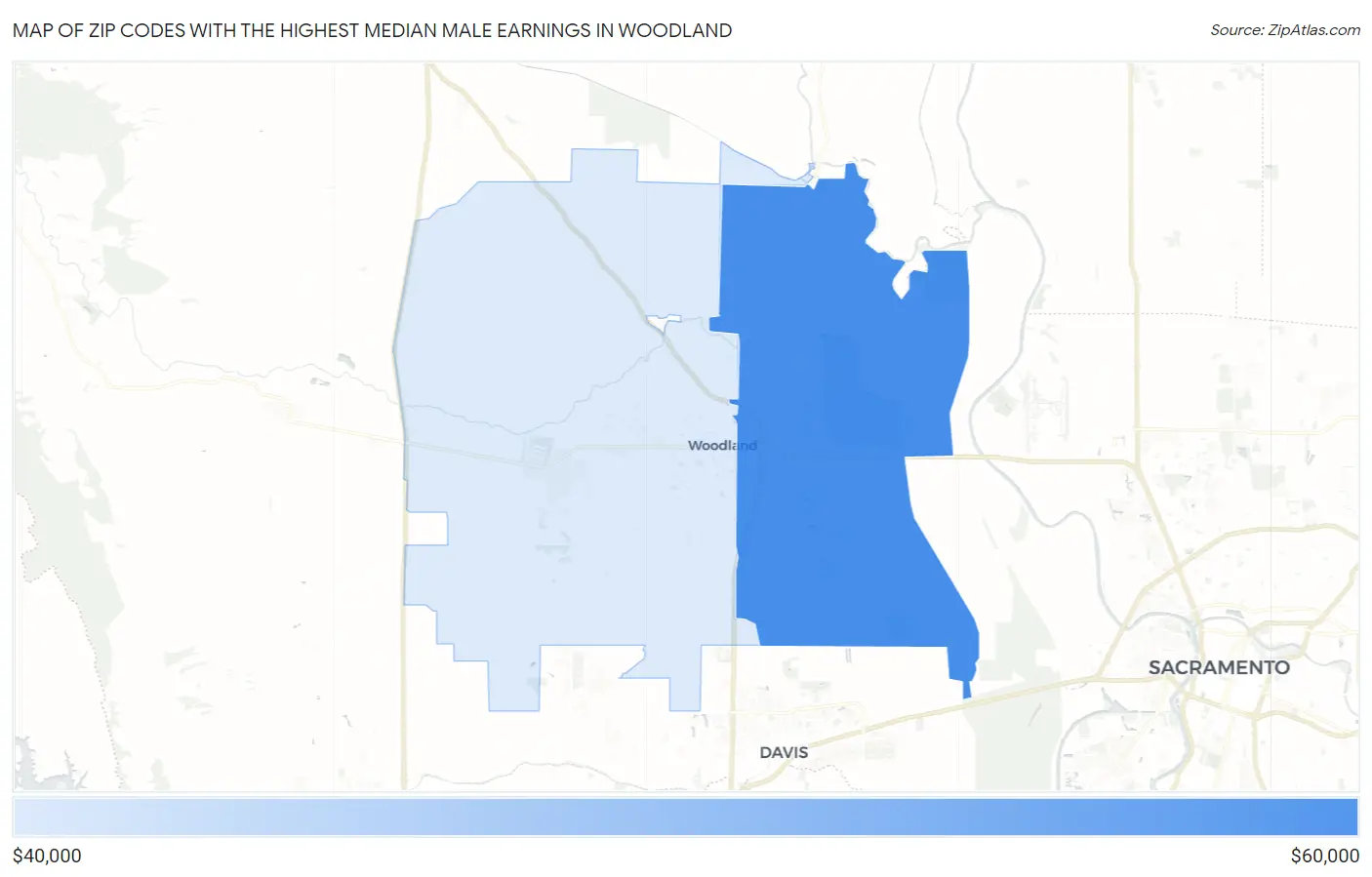 Zip Codes with the Highest Median Male Earnings in Woodland Map