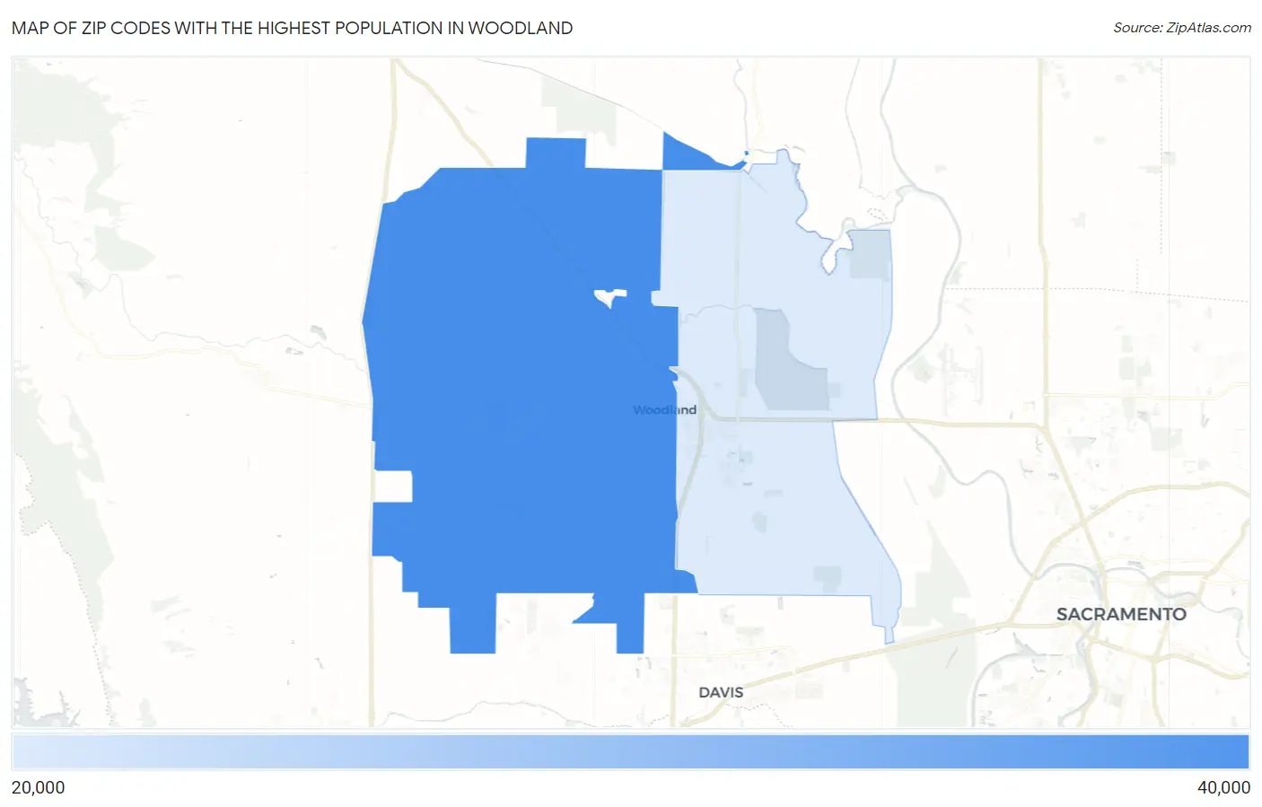 Zip Codes with the Highest Population in Woodland Map