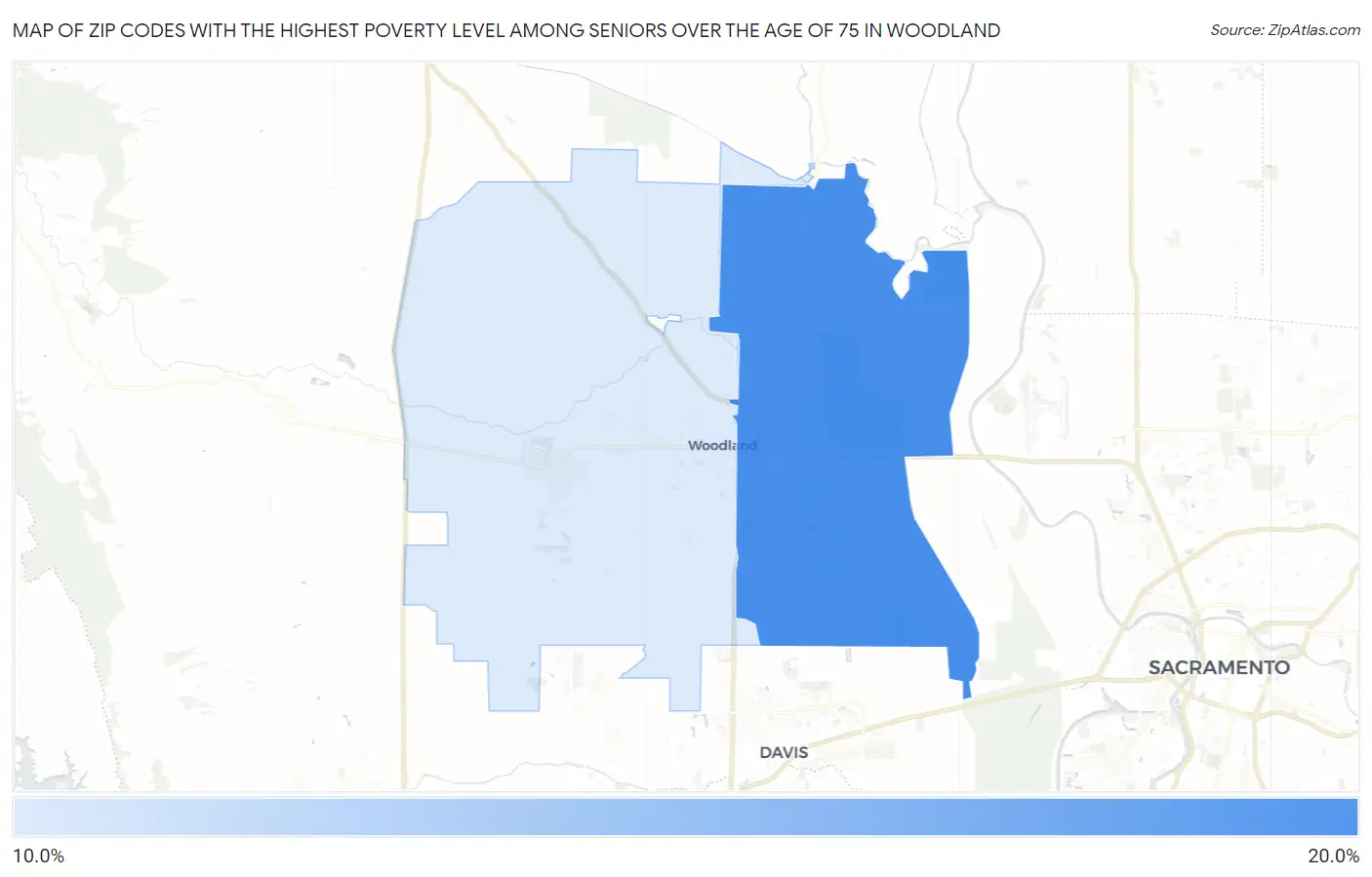 Zip Codes with the Highest Poverty Level Among Seniors Over the Age of 75 in Woodland Map