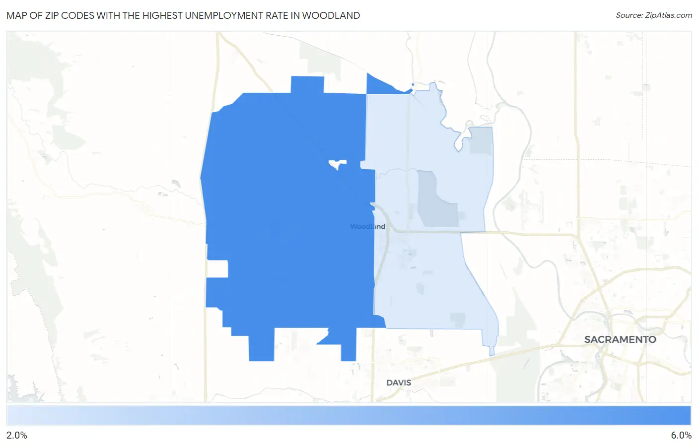 Zip Codes with the Highest Unemployment Rate in Woodland Map