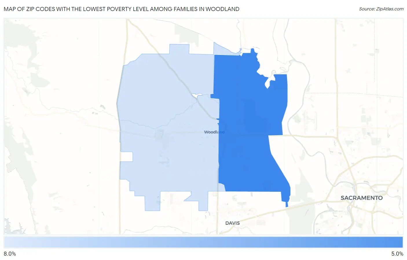 Zip Codes with the Lowest Poverty Level Among Families in Woodland Map