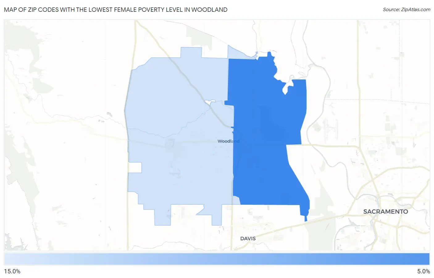 Zip Codes with the Lowest Female Poverty Level in Woodland Map