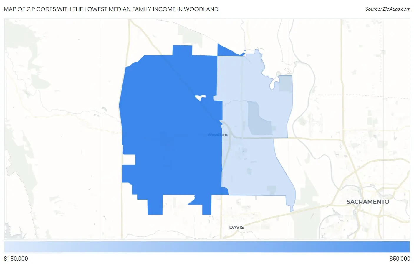Zip Codes with the Lowest Median Family Income in Woodland Map