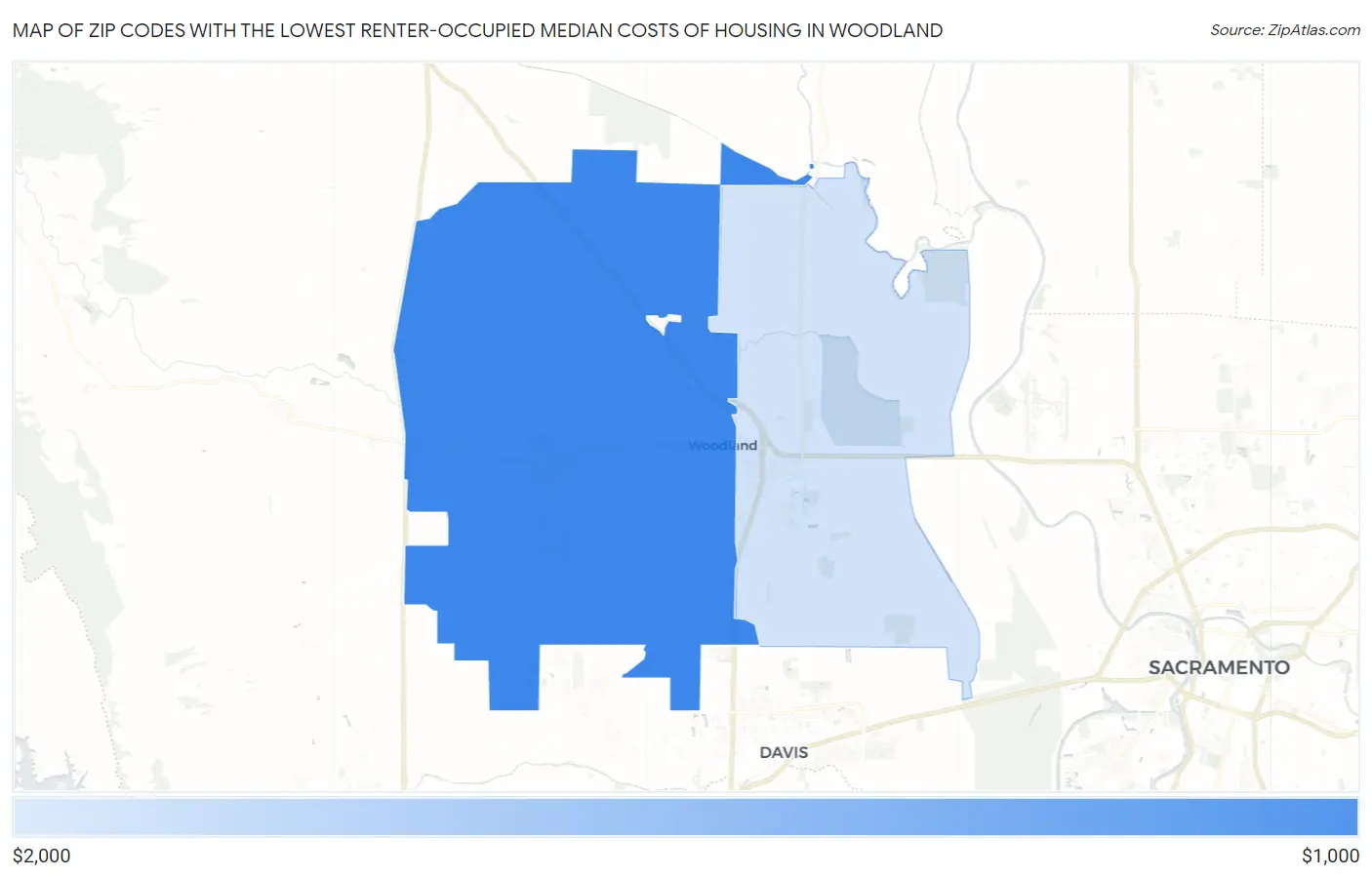Zip Codes with the Lowest Renter-Occupied Median Costs of Housing in Woodland Map
