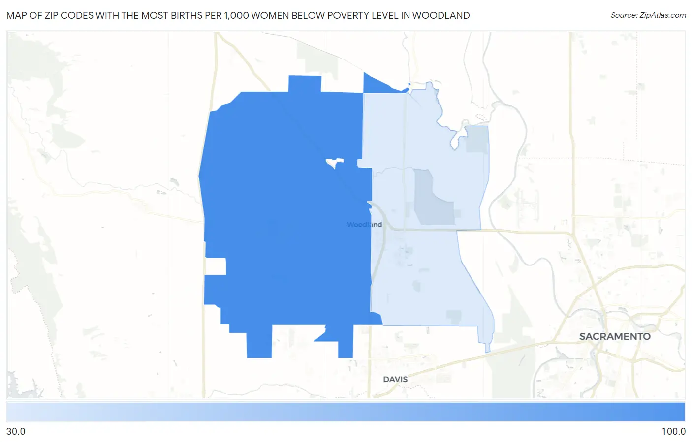 Zip Codes with the Most Births per 1,000 Women Below Poverty Level in Woodland Map