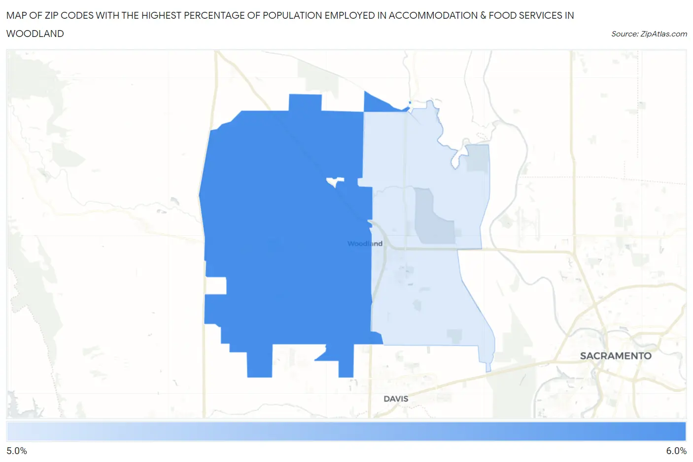 Zip Codes with the Highest Percentage of Population Employed in Accommodation & Food Services in Woodland Map