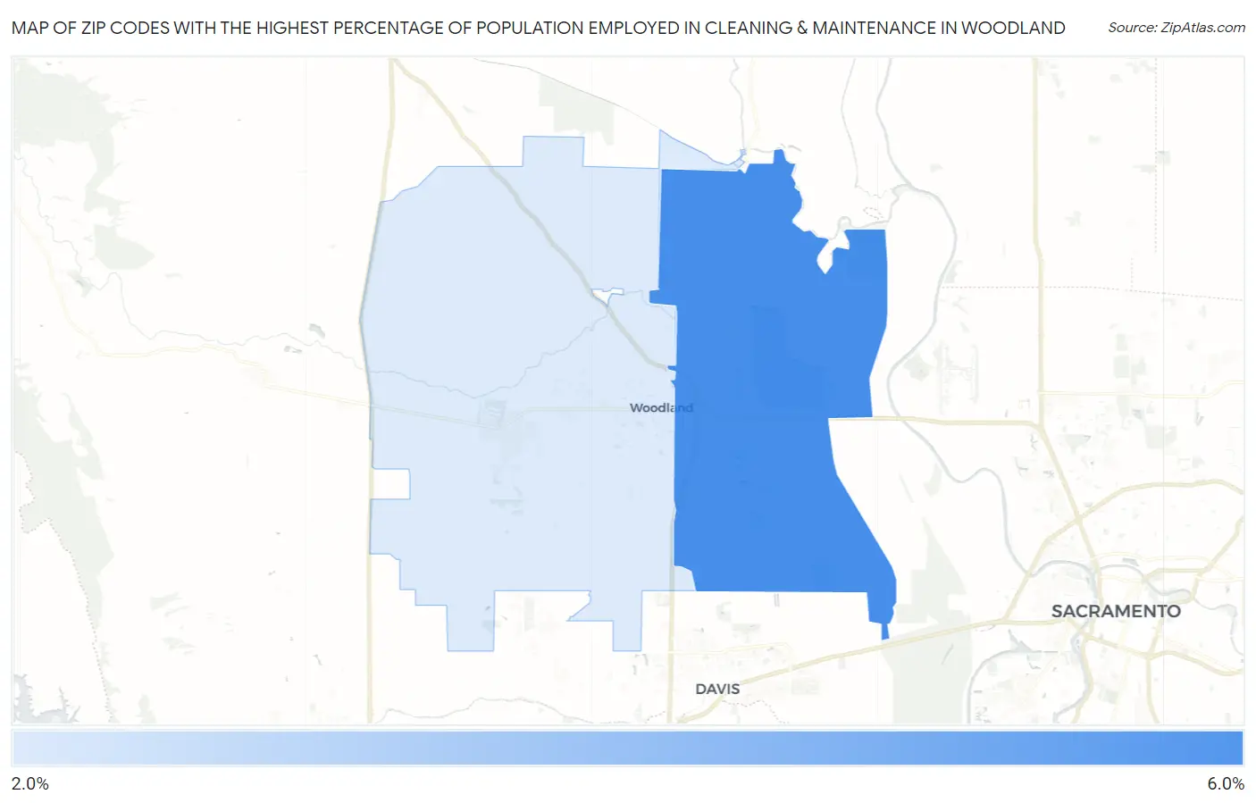 Zip Codes with the Highest Percentage of Population Employed in Cleaning & Maintenance in Woodland Map