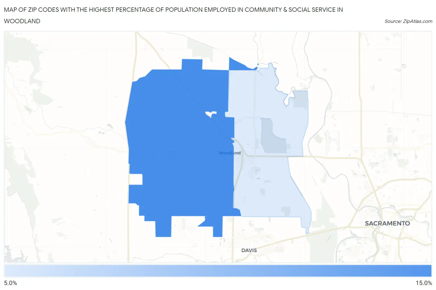Zip Codes with the Highest Percentage of Population Employed in Community & Social Service  in Woodland Map