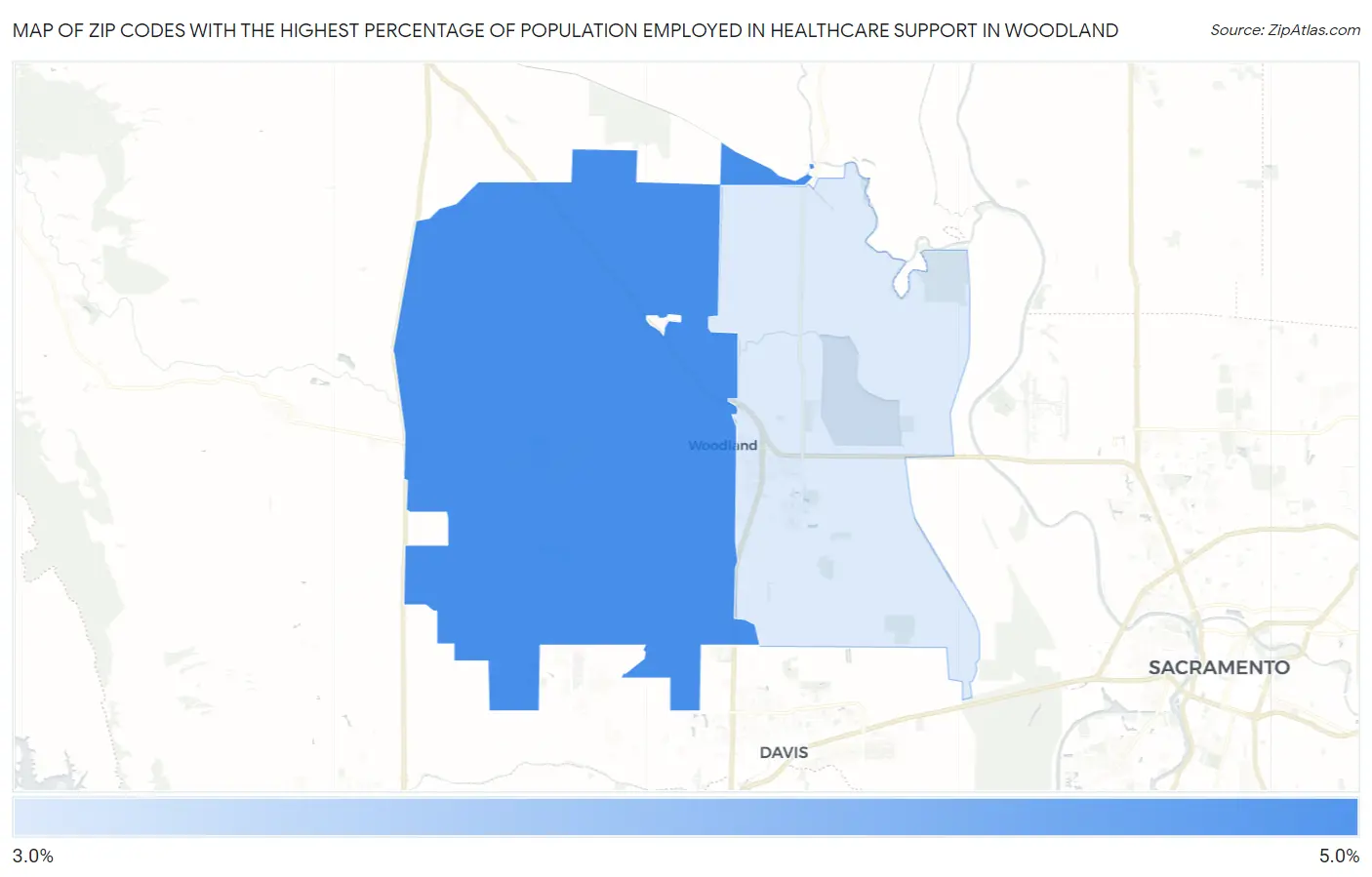 Zip Codes with the Highest Percentage of Population Employed in Healthcare Support in Woodland Map