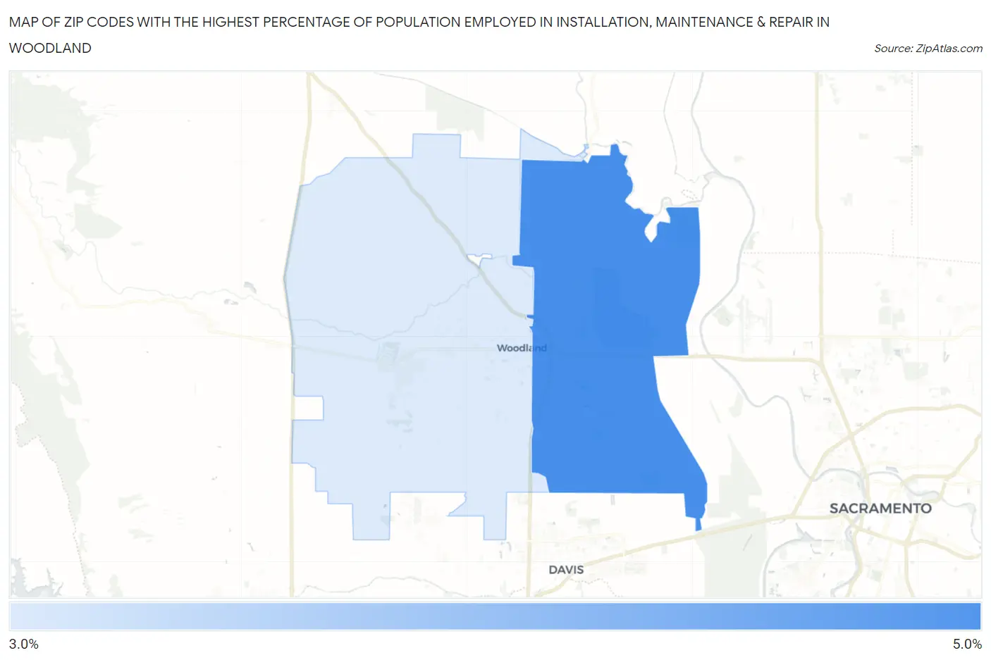 Zip Codes with the Highest Percentage of Population Employed in Installation, Maintenance & Repair in Woodland Map