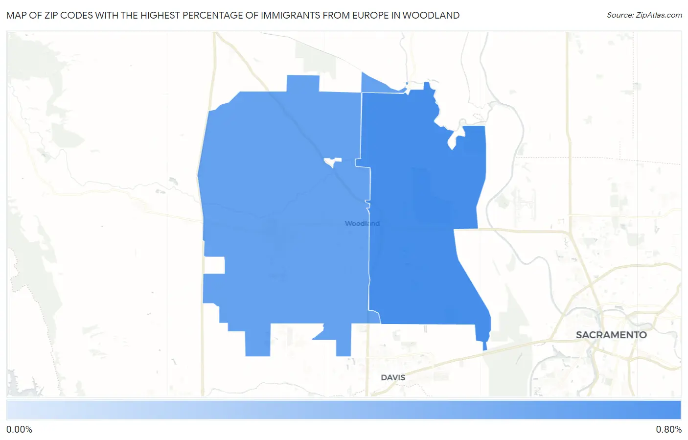 Zip Codes with the Highest Percentage of Immigrants from Europe in Woodland Map