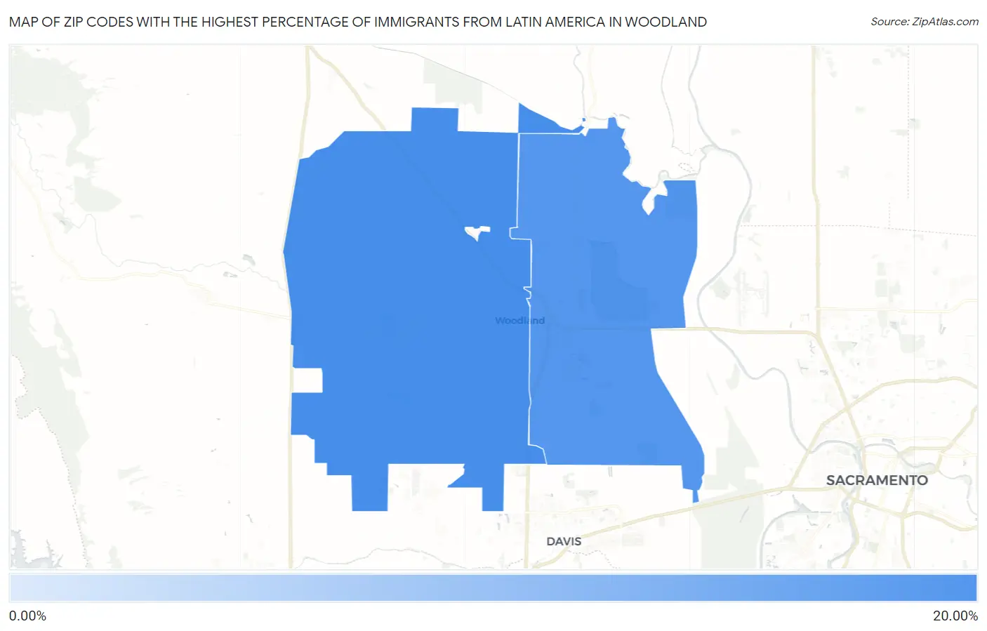 Zip Codes with the Highest Percentage of Immigrants from Latin America in Woodland Map